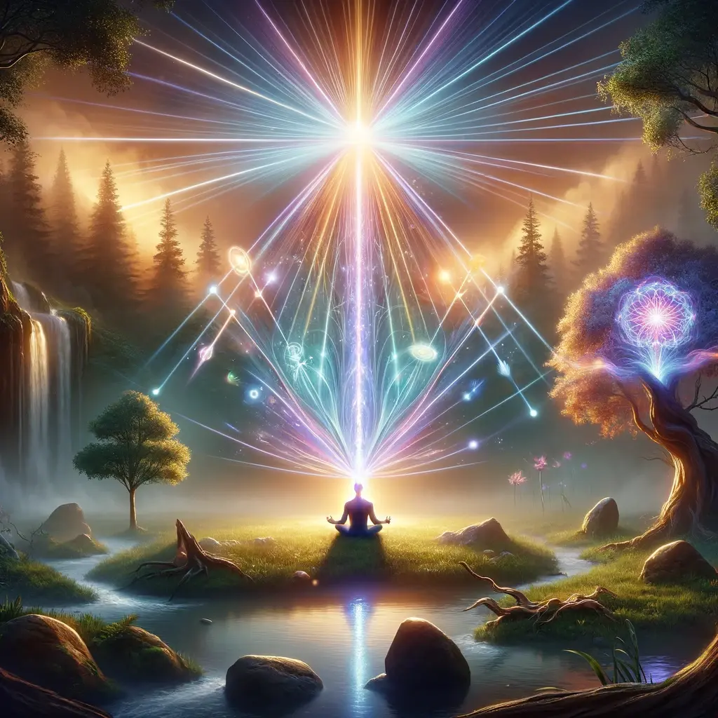 Meditating figure in a forest clearing, with light beams connecting to nature, symbolizing the Silva Method's mental and emotional empowerment