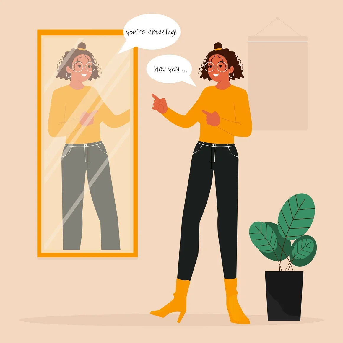 Self-affirmation illustrated through a woman complimenting herself in the mirror, fostering self-love and confidence.
