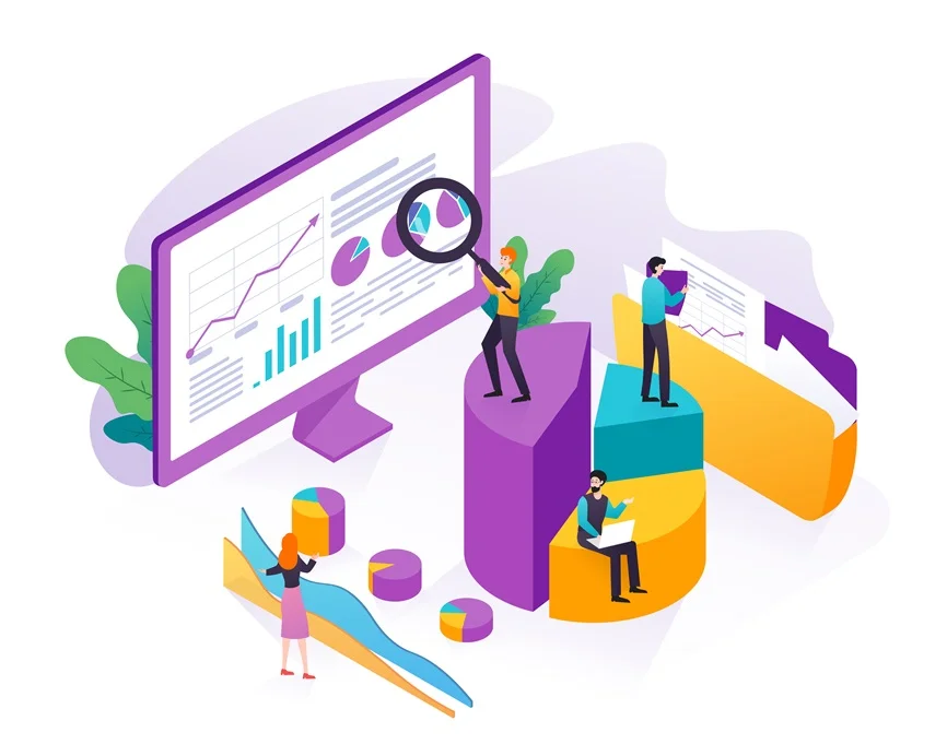 Isometric illustration of people analyzing data on a computer, representing ecommerce platform analytics for small businesses