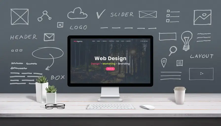 Workspace with computer screen showing 'Web Design' and web development sketches on wall.