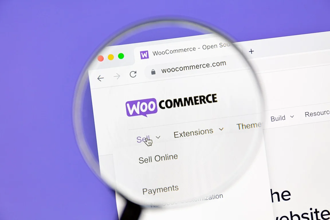 WooCommerce website under magnifying glass highlighting ecommerce options