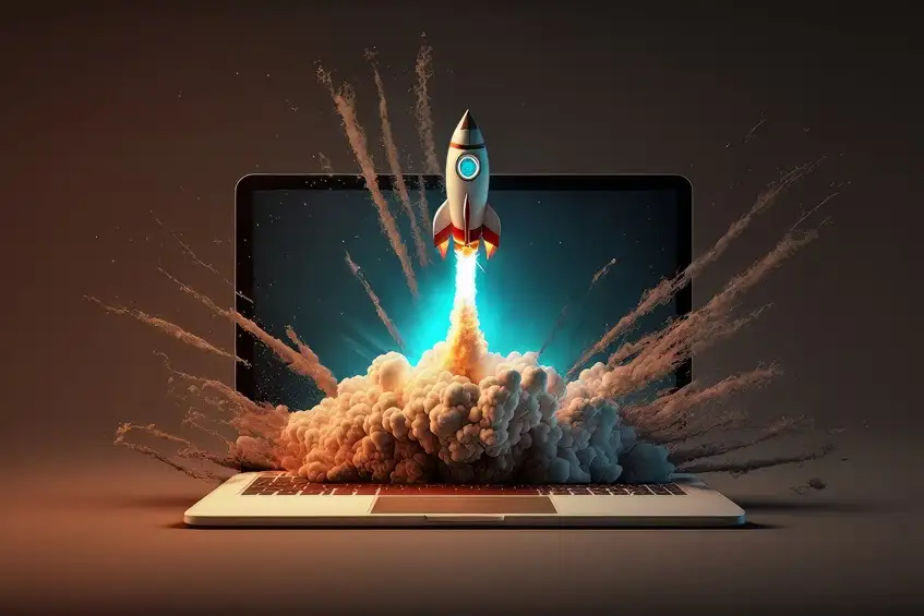 Rocket launching from laptop, AI site launch.