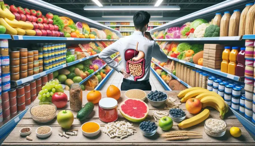 Man in a grocery store with visible digestive organs, surrounded by gut-healthy foods.