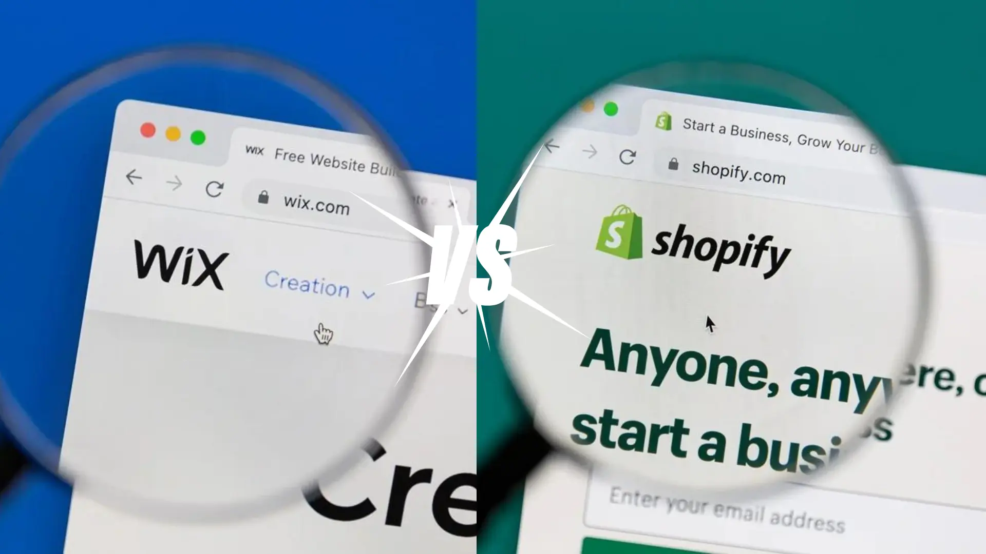 Split image comparing Wix and Shopify web pages magnified, symbolizing ecommerce platform choices
