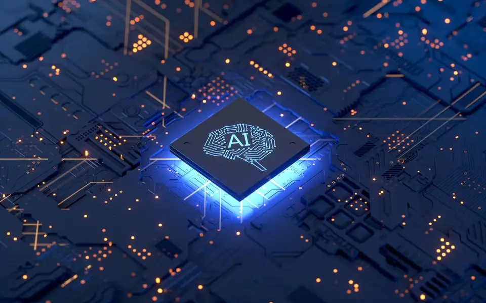 Glowing AI chip, core of website creation tech