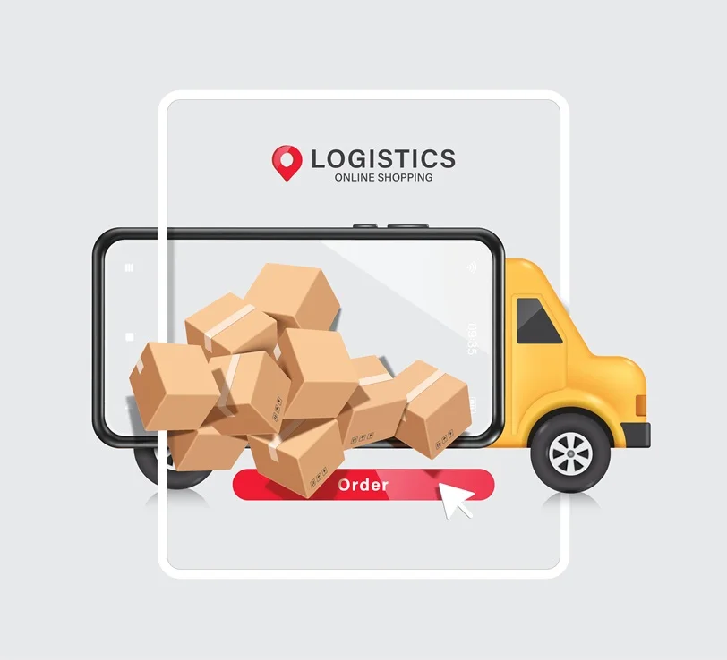 Mobile screen showing Shadowfax logistics and delivery truck with stacked package icons
